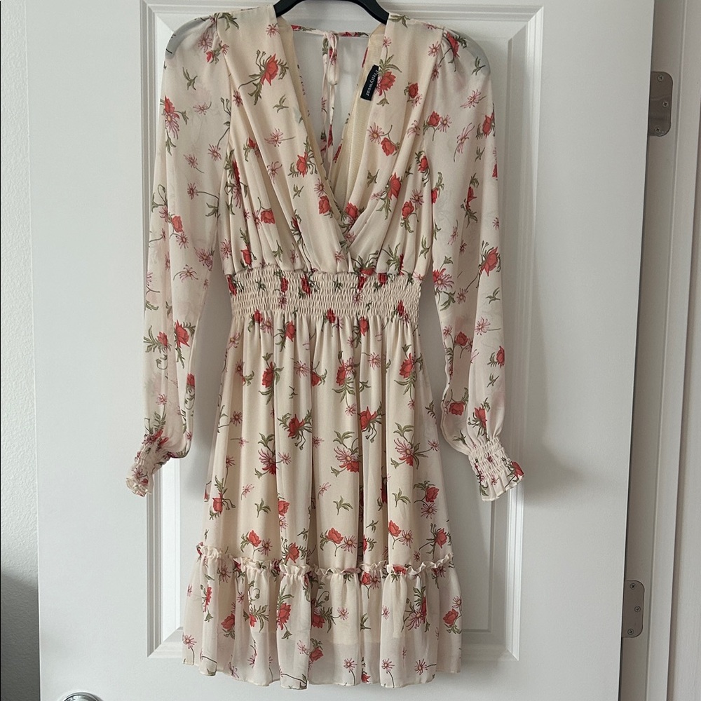 Floral Cream Long-Sleeve Smocked Waist Dress